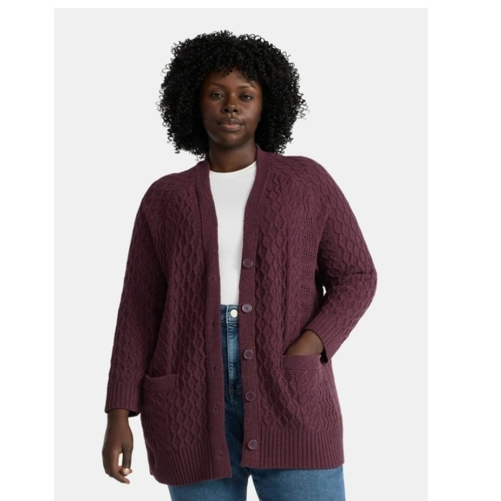Terra & Sky Chenille Boyfriend Cardigan Women's 1X (16W-18W) Dark Plum‎ New NWT